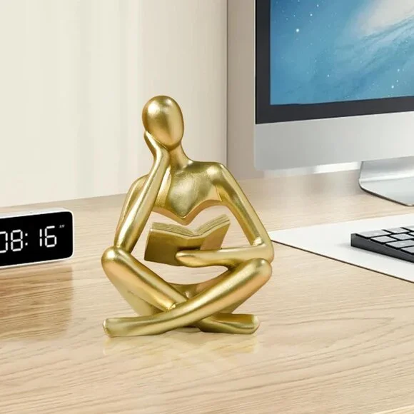 Abstract Art Thinker Statue Reading Sculpture Figurine Modern Home Décor Gold - Picture 2 of 7